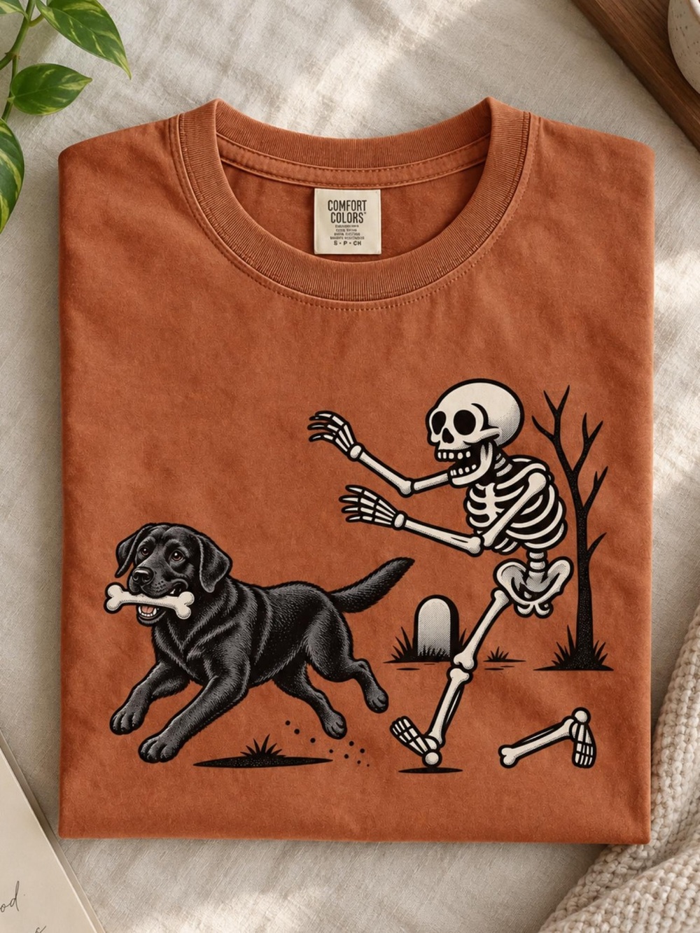 Comfort Colors Black Dog & White Skeleton Graphic Tee, Halloween Unisex Shirt